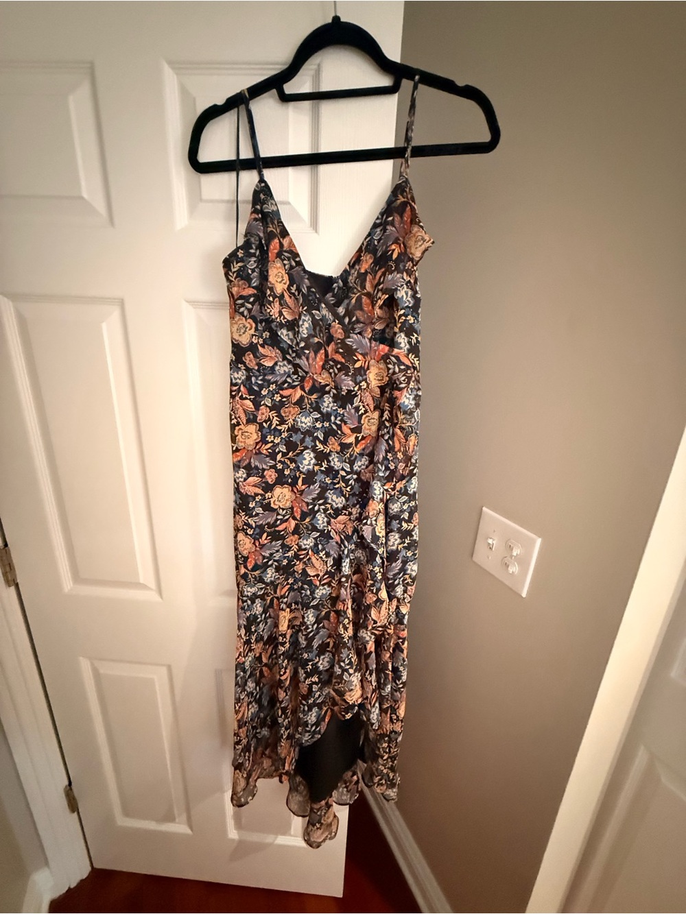 Express Navy Floral Asymmetrical Slip Dress with Coral Accents